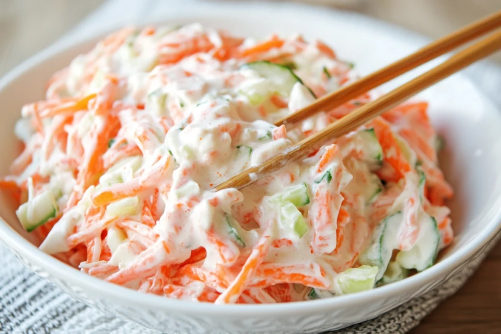 Kani salad with imitation crab, cucumber, and dressing.