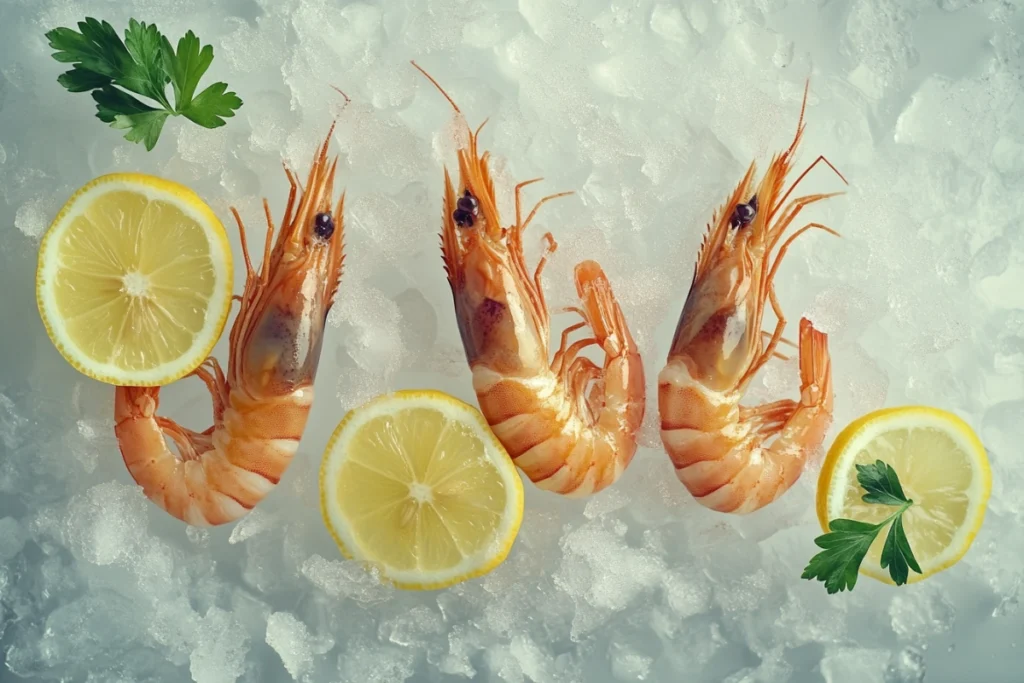 Raw tiger shrimp on ice with lemon slices.