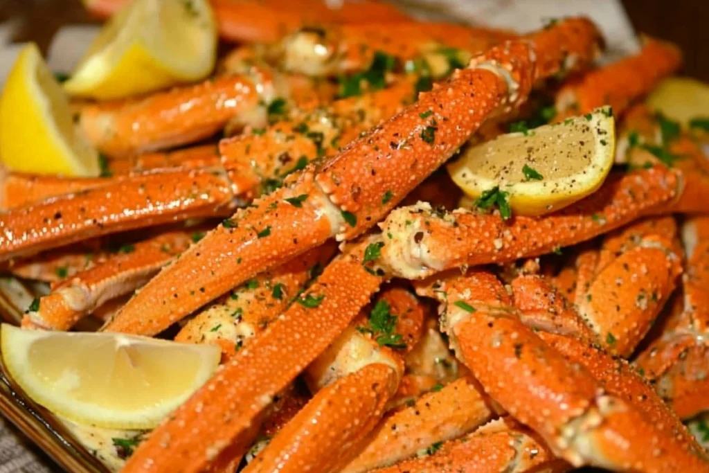 Freshly cooked snow crab legs with lemon wedges and butter.