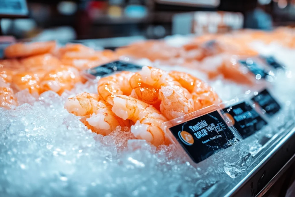 Frozen tiger shrimp in sustainable packaging on ice.