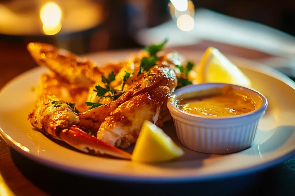 Garlic butter snow crab legs served with lemon wedges and parsley.