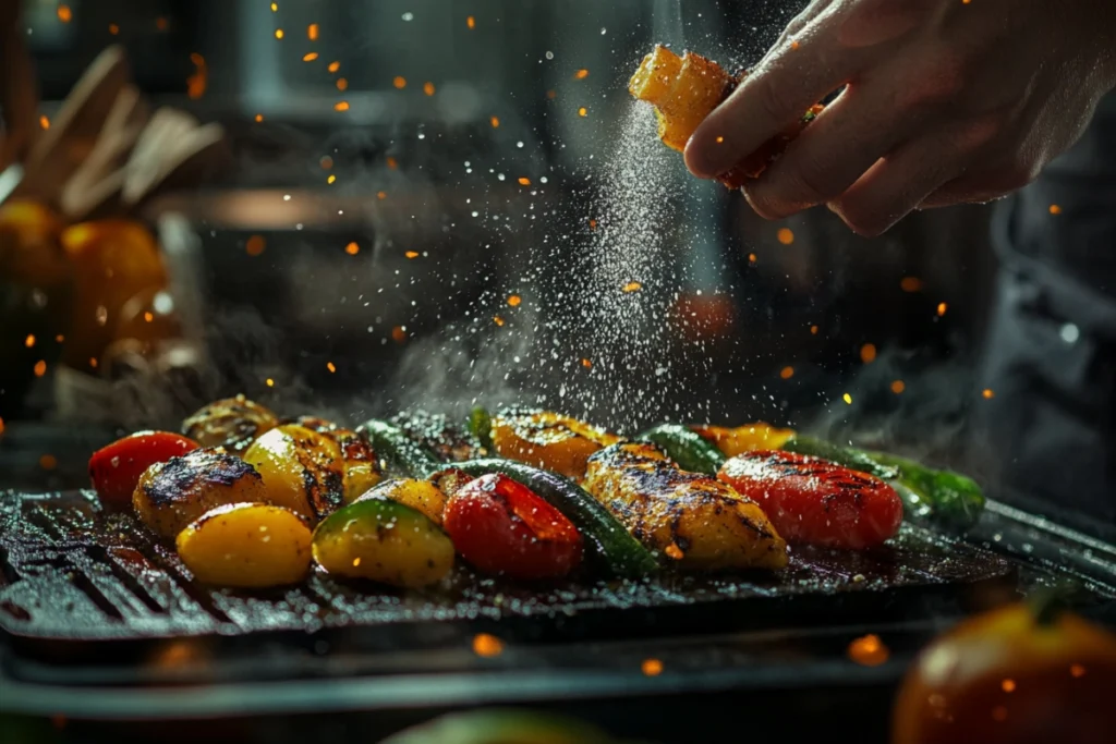 Chef garnishing grilled vegetables with Fleur de Sel