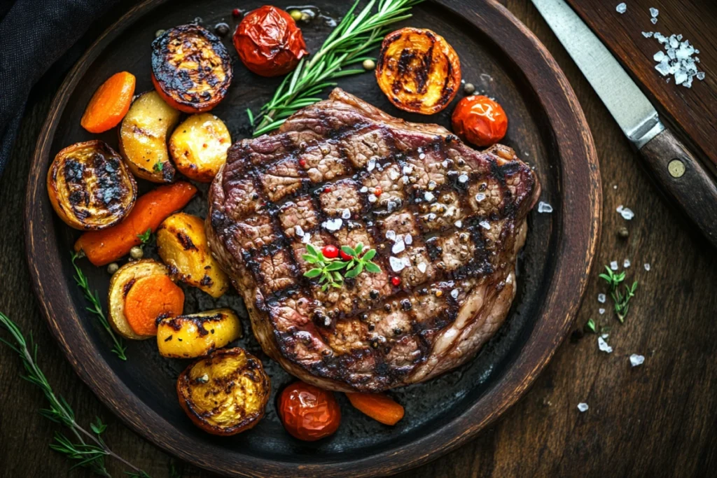 Grilled steak with Maldon sea salt flakes and roasted vegetables.