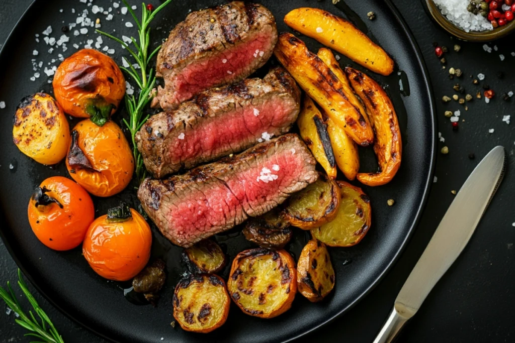 Gourmet dish with grilled steak and roasted vegetables garnished with fleur de sel.