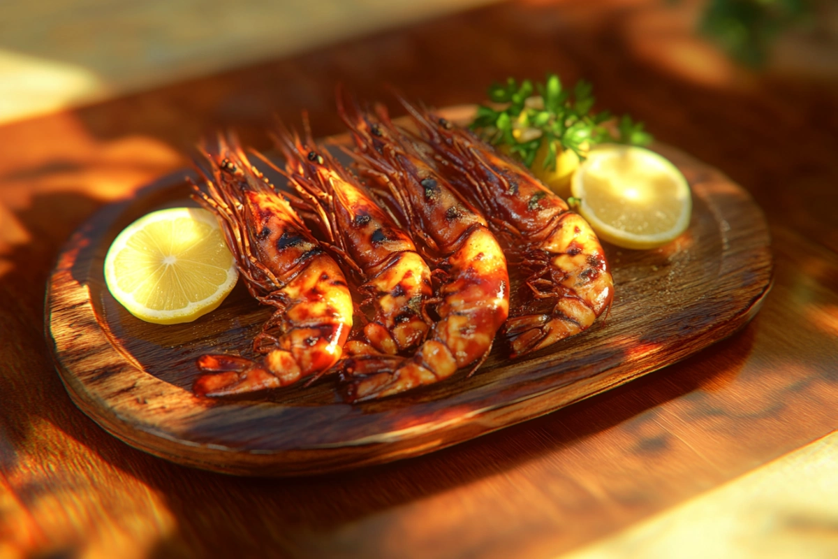 Grilled tiger shrimp served with lemon and parsley