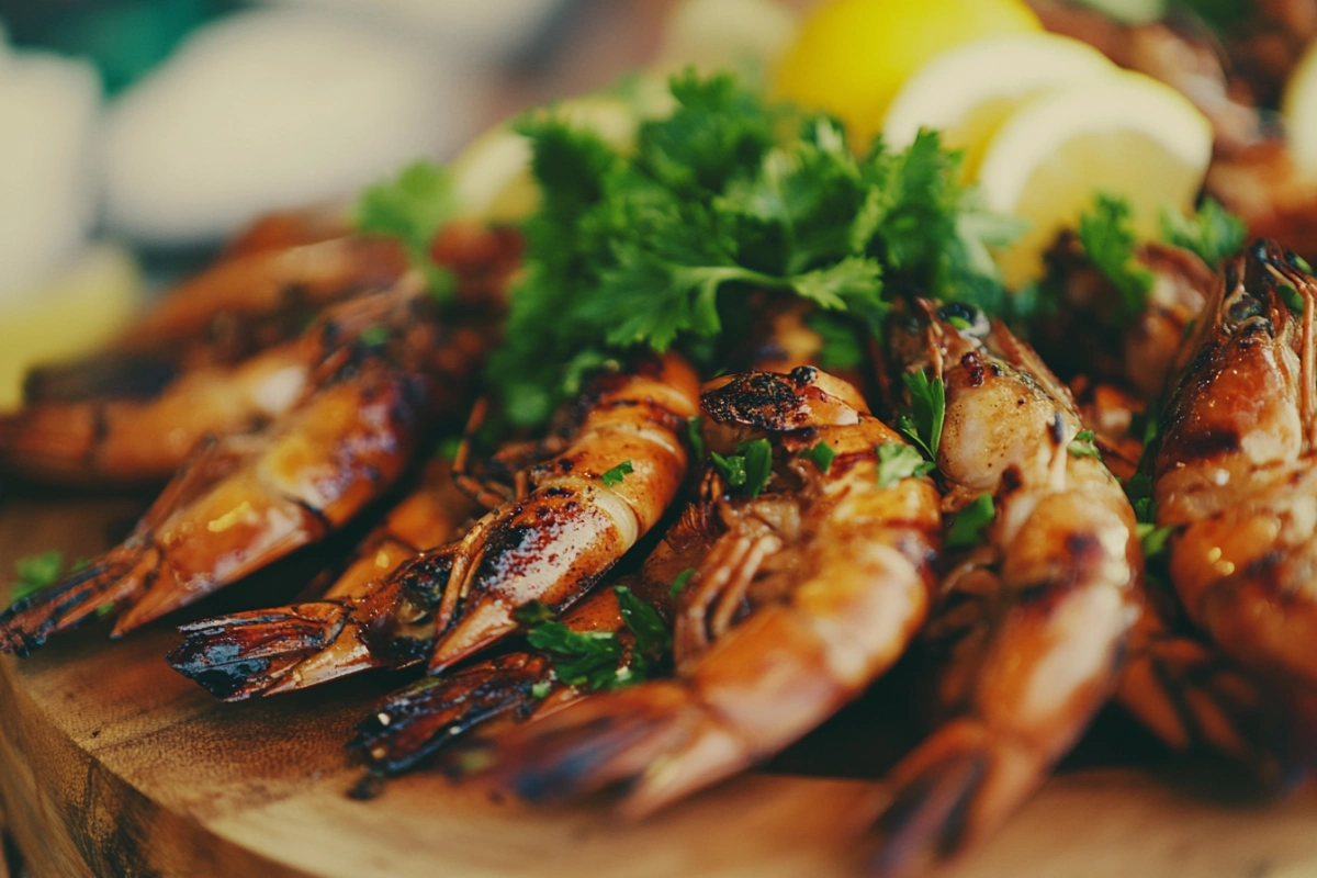 Grilled tiger shrimp served with parsley and lemon