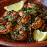 Grilled tiger shrimp with parsley and lemon on a rustic plate.