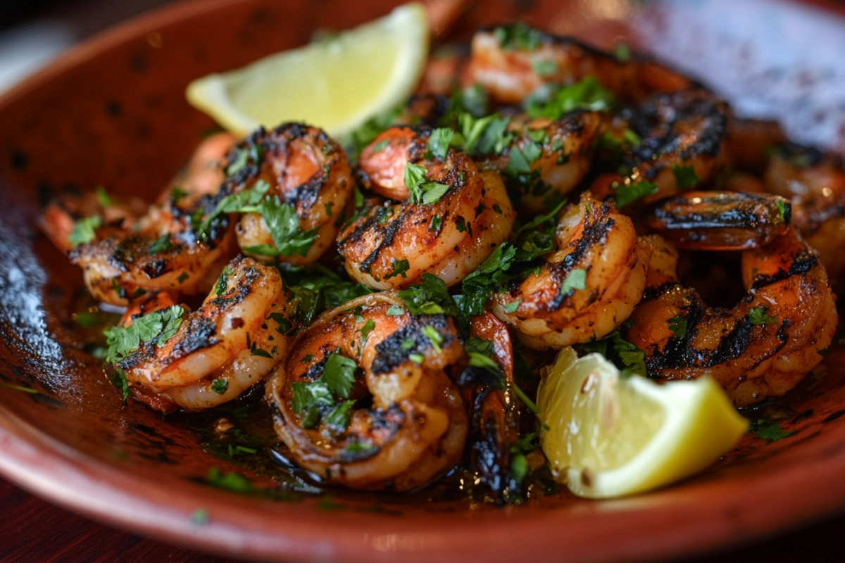 Grilled tiger shrimp with parsley and lemon on a rustic plate.