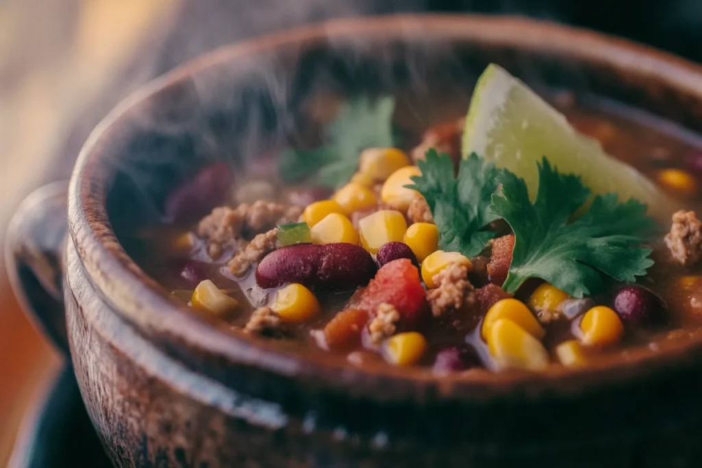 A bowl of homemade taco soup with beans, corn, and turkey.