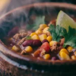 A bowl of homemade taco soup with beans, corn, and turkey.