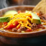 A bowl of rich, hearty taco soup garnished with cheese and avocado.