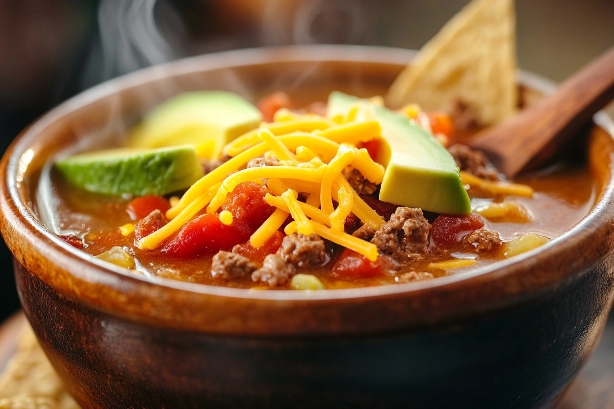 A bowl of rich, hearty taco soup garnished with cheese and avocado.