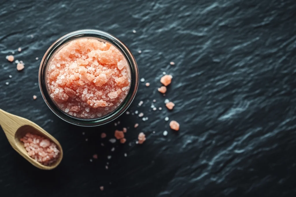 Himalayan pink salt crystals in a jar with a wooden scoop.
