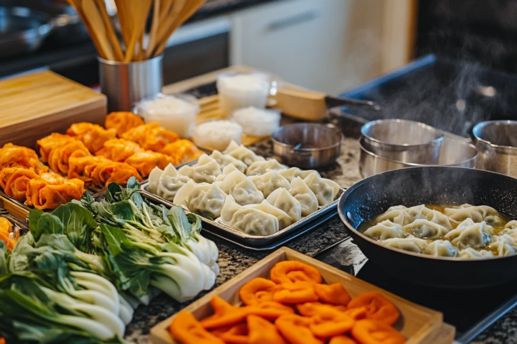 Preparing homemade wonton soup with fresh ingredients.