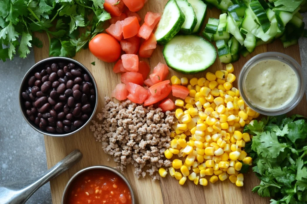 Ingredients for homemade taco soup arranged on a wooden board.