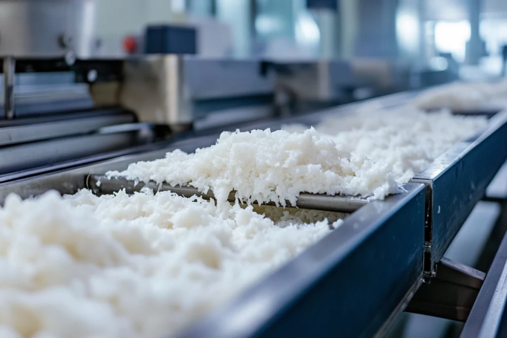 Kanikama production process showing surimi shaping.