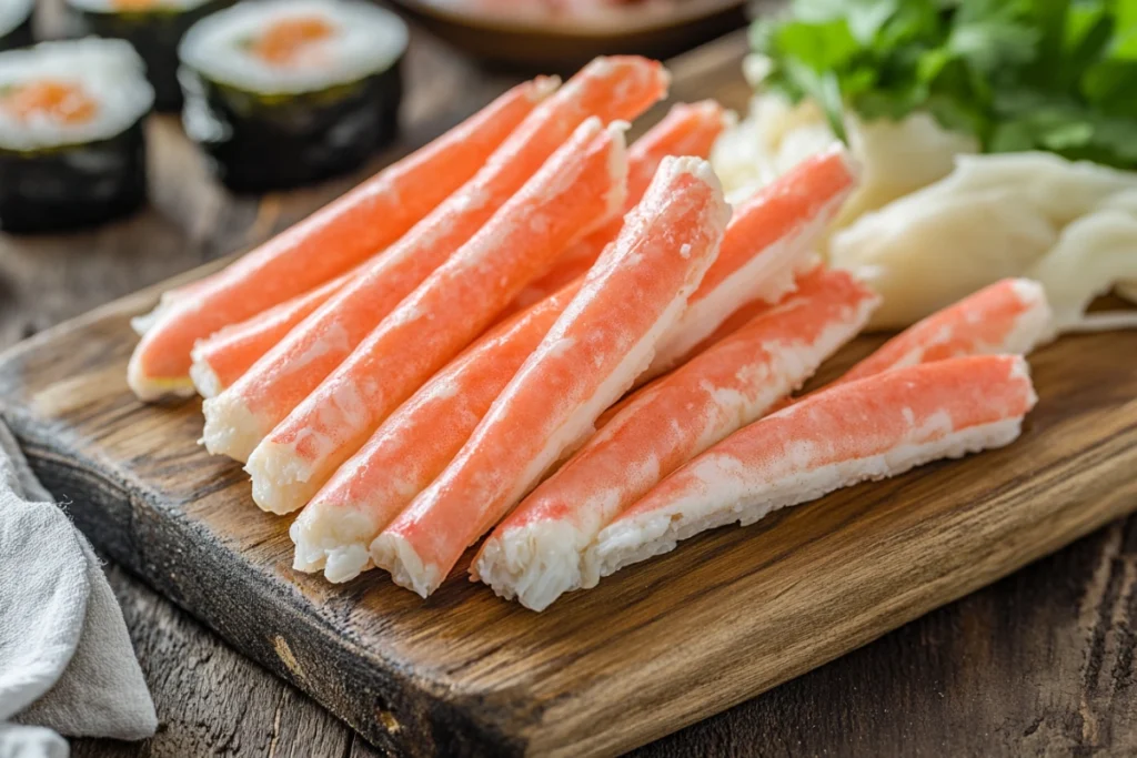 Close-up of kanikama sticks and sushi rolls.