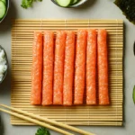 Kanikama sticks on a bamboo sushi mat with sushi ingredients.