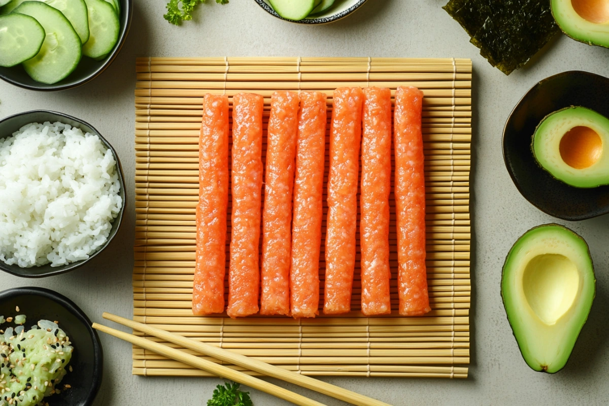 Kanikama sticks on a bamboo sushi mat with sushi ingredients.