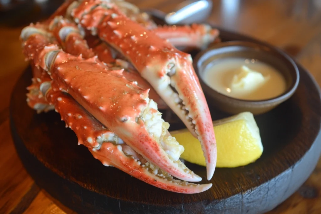 King crab legs with cracked shells and melted butter.