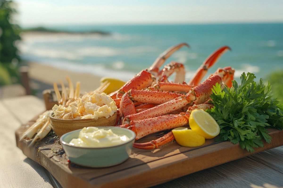 Seafood platter with king crab and snow crab legs served with butter and lemon.