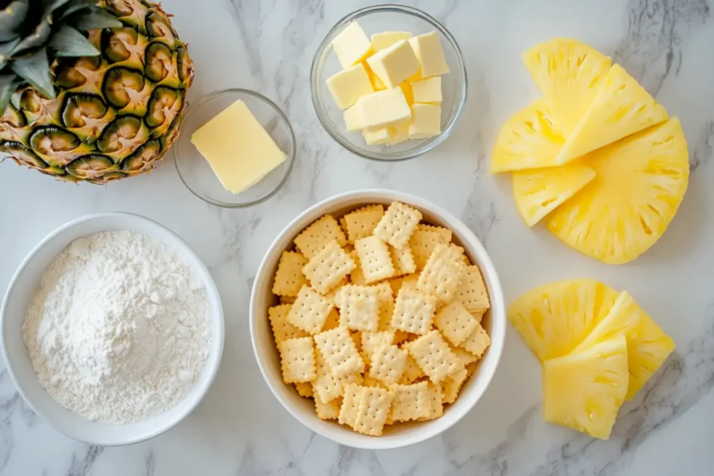 Ingredients for pineapple casserole with Ritz crackers on a marble countertop.
