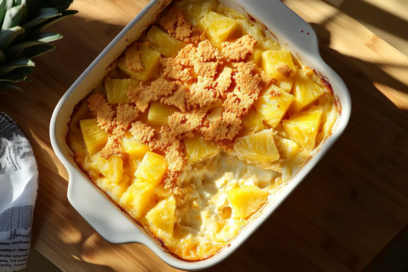 Pineapple casserole with cheese served in a white ceramic dish.