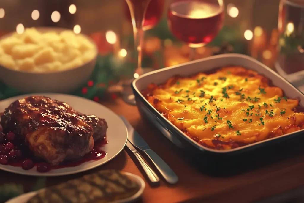 Pineapple casserole with cheese served at a holiday dinner.