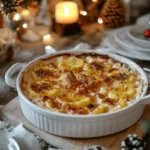 Golden pineapple casserole with Ritz crackers served in a white ceramic dish.