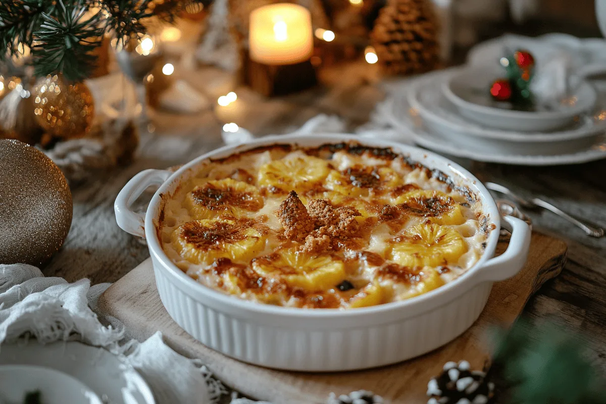 Golden pineapple casserole with Ritz crackers served in a white ceramic dish.