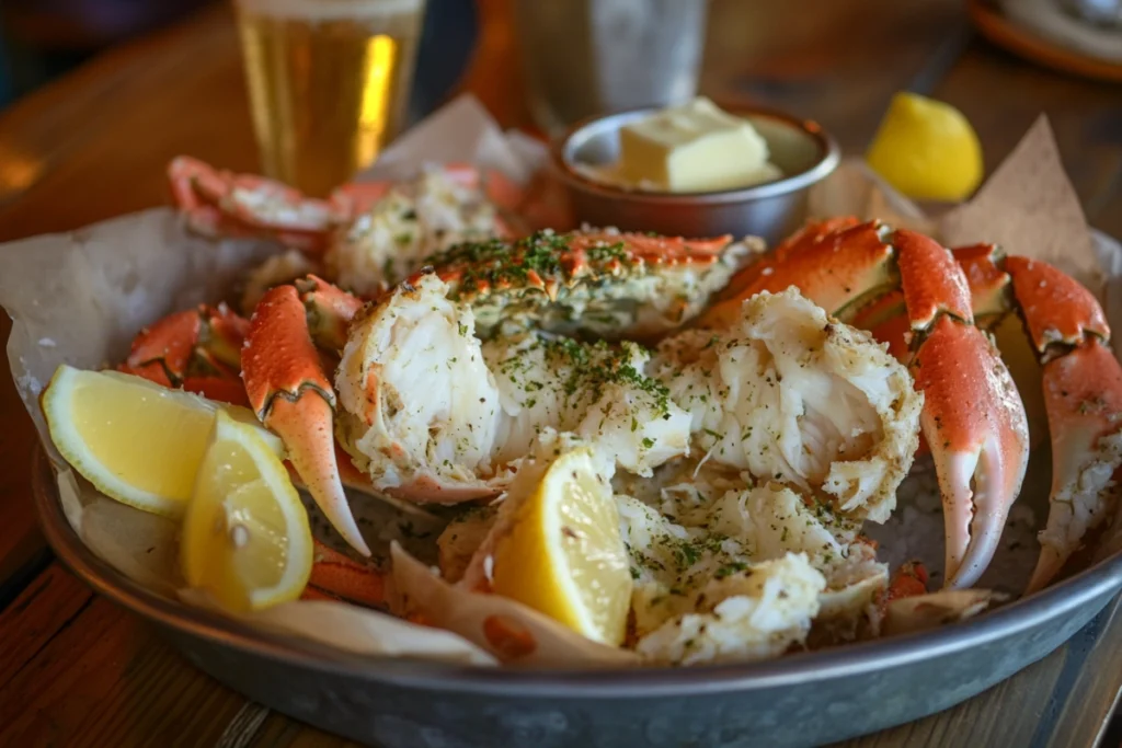 Seafood platter with snow crab legs, shrimp, and lobster.