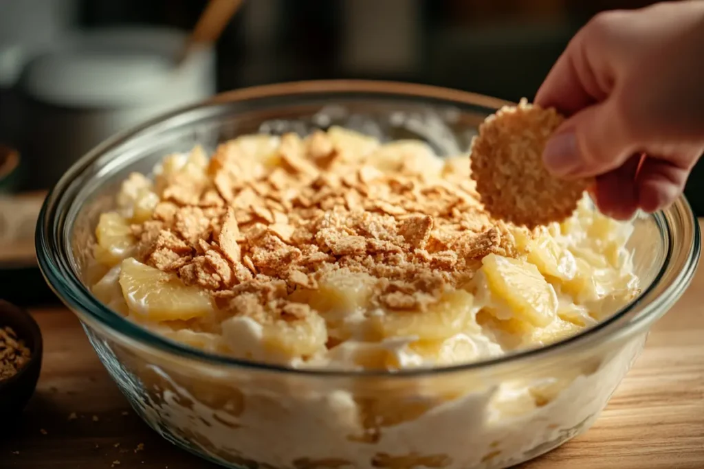 Adding cracker topping to pineapple casserole with cheese.