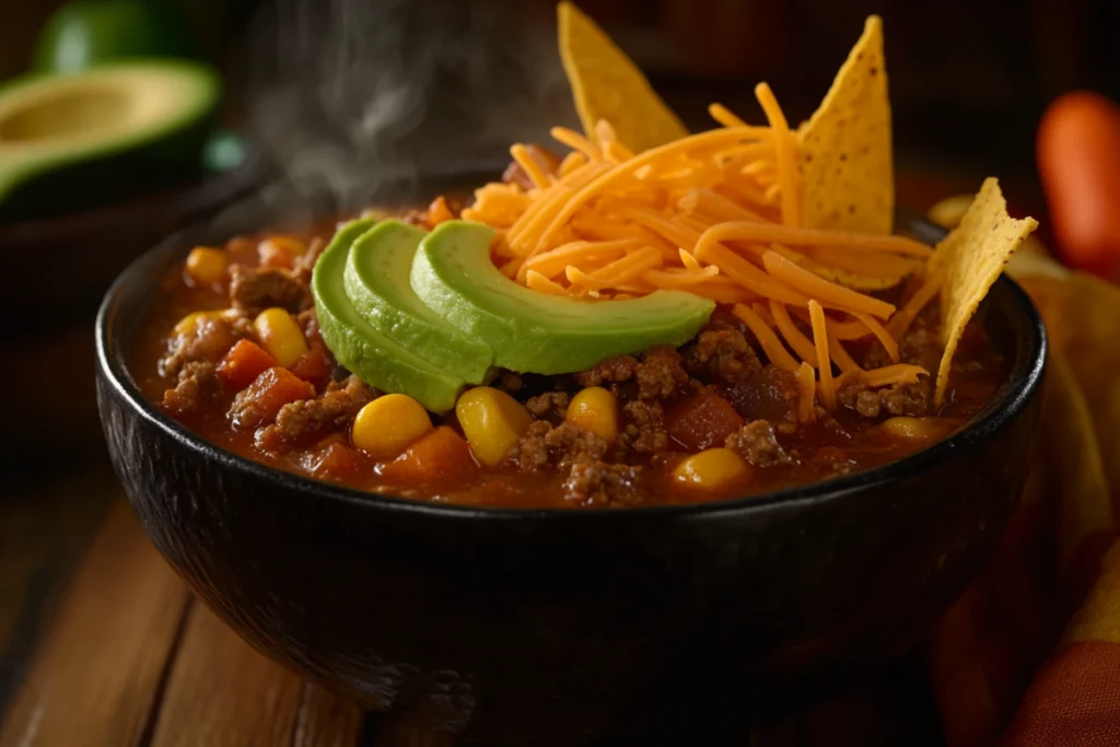 Reheated taco soup served with fresh Fritos, avocado, and cheese