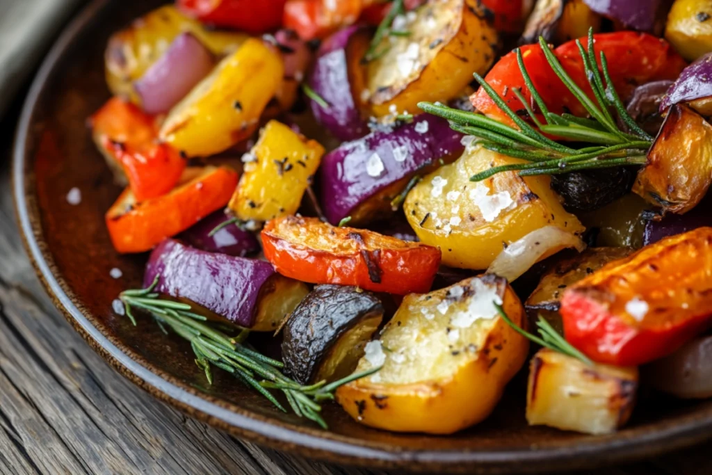 Gourmet dish with roasted vegetables and fleur de sel.