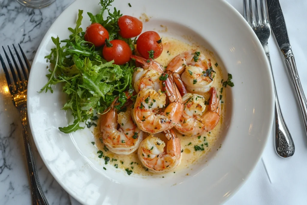 Gourmet tiger shrimp dish with garlic butter and herbs
