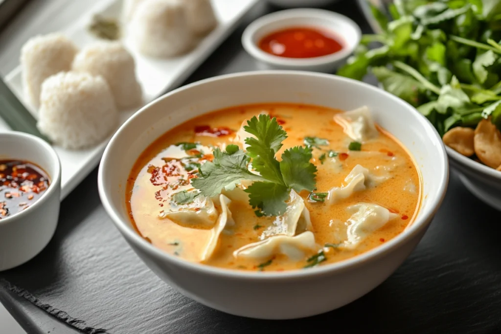 Subgum wonton soup served with rice and spring rolls