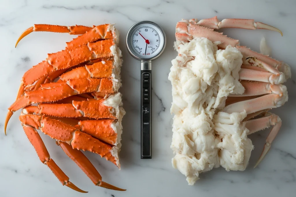 Comparison of overcooked vs. perfectly cooked snow crab legs.