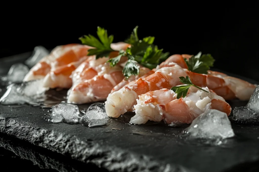 Close-up of snow crab legs on a slate plate with ice and parsley.