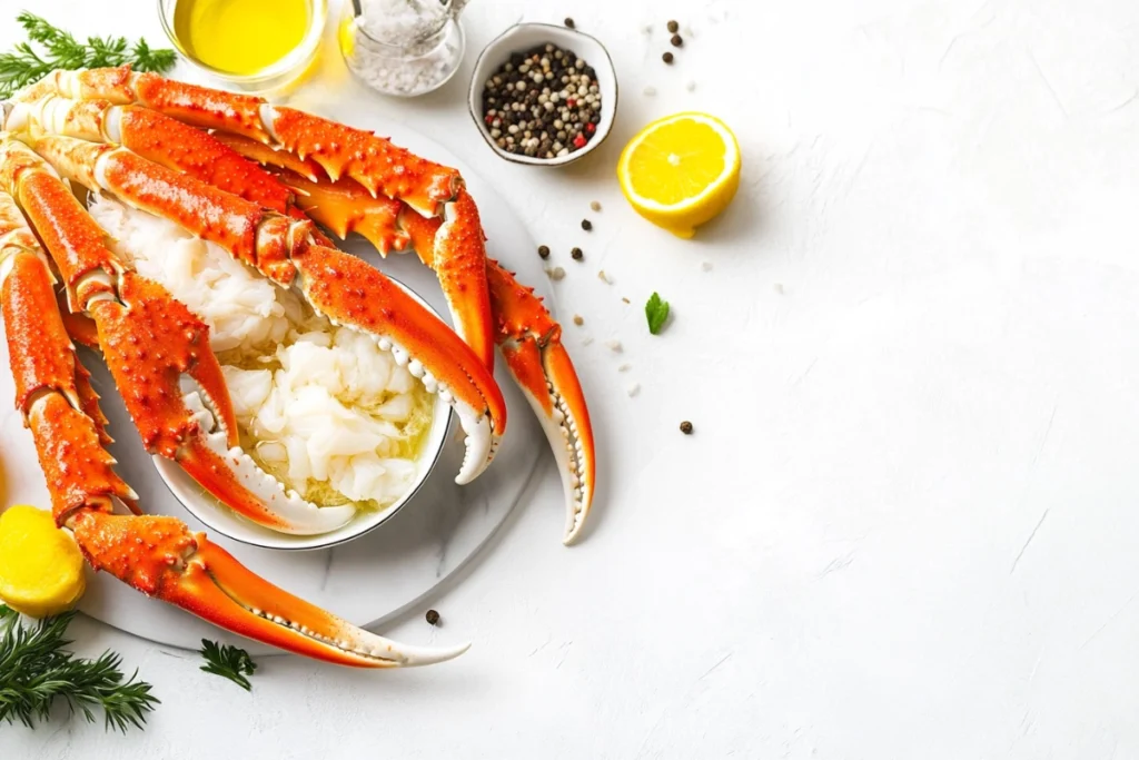 Snow crab legs nutritional infographic with protein and calories.
Title