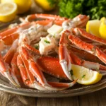 Close-up of snow crab legs on a platter with lemon wedges and butter.