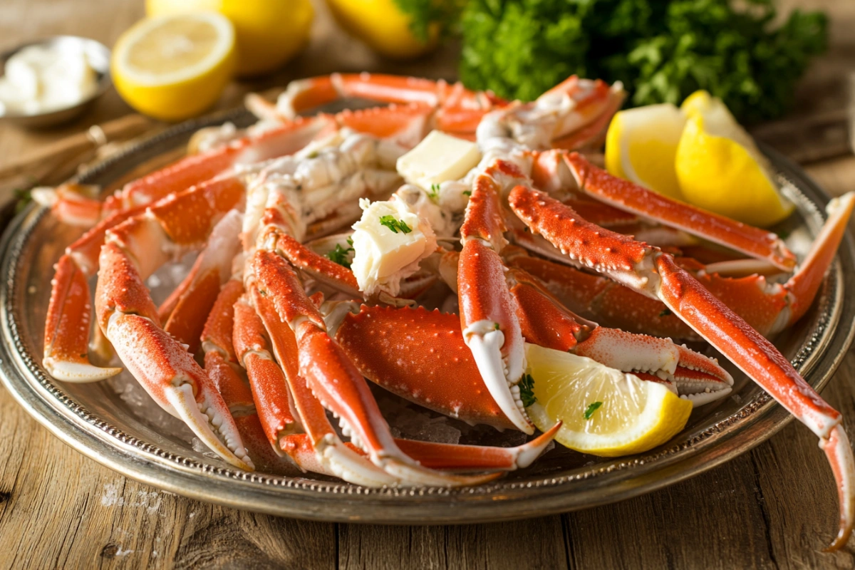 Close-up of snow crab legs on a platter with lemon wedges and butter.