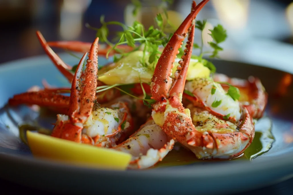 Close-up of snow crab legs with butter and lemon