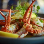 Close-up of snow crab legs with butter and lemon