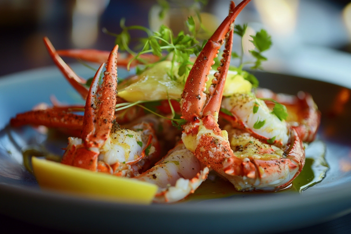 Close-up of snow crab legs with butter and lemon