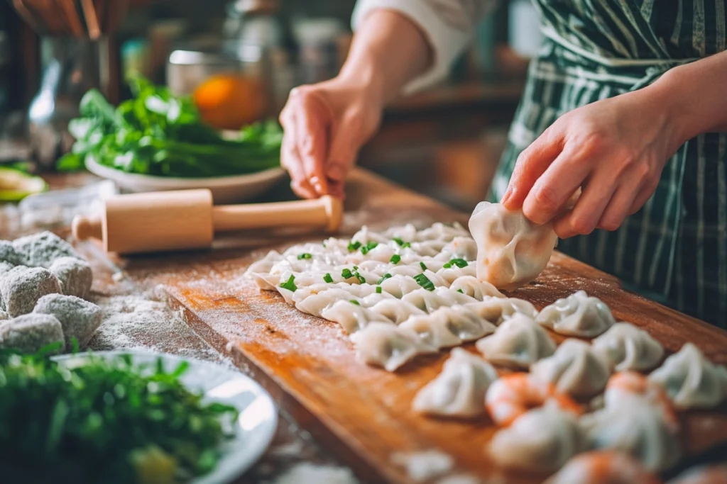 Preparing wontons with fresh ingredients on a wooden counter.