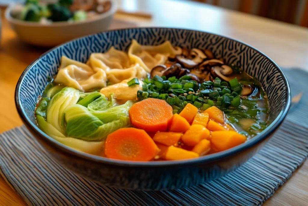 A vibrant bowl of subgum wonton soup with assorted vegetables and proteins.