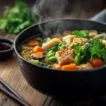 Steaming bowl of subgum wonton soup with vegetables and wontons