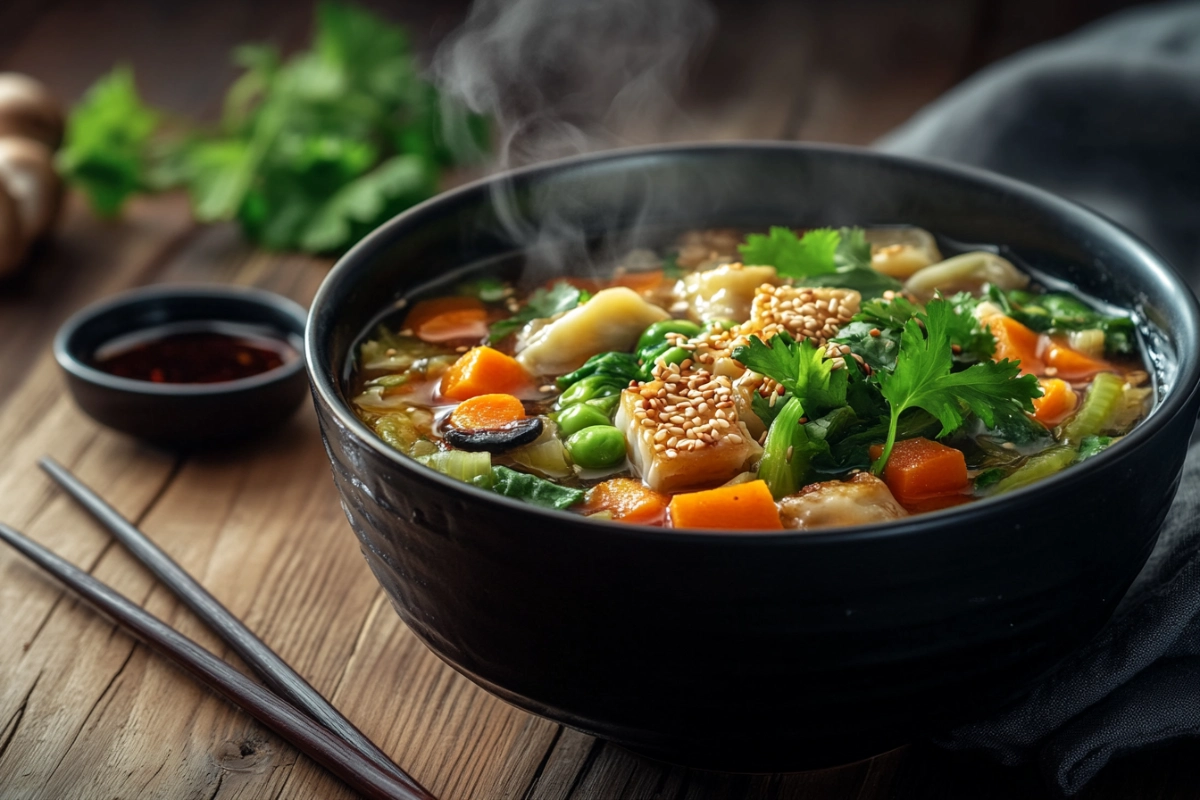 Steaming bowl of subgum wonton soup with vegetables and wontons