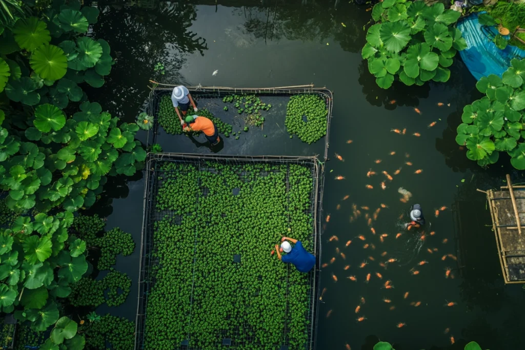 Tiger shrimp aquaculture pond with workers maintaining the environment.