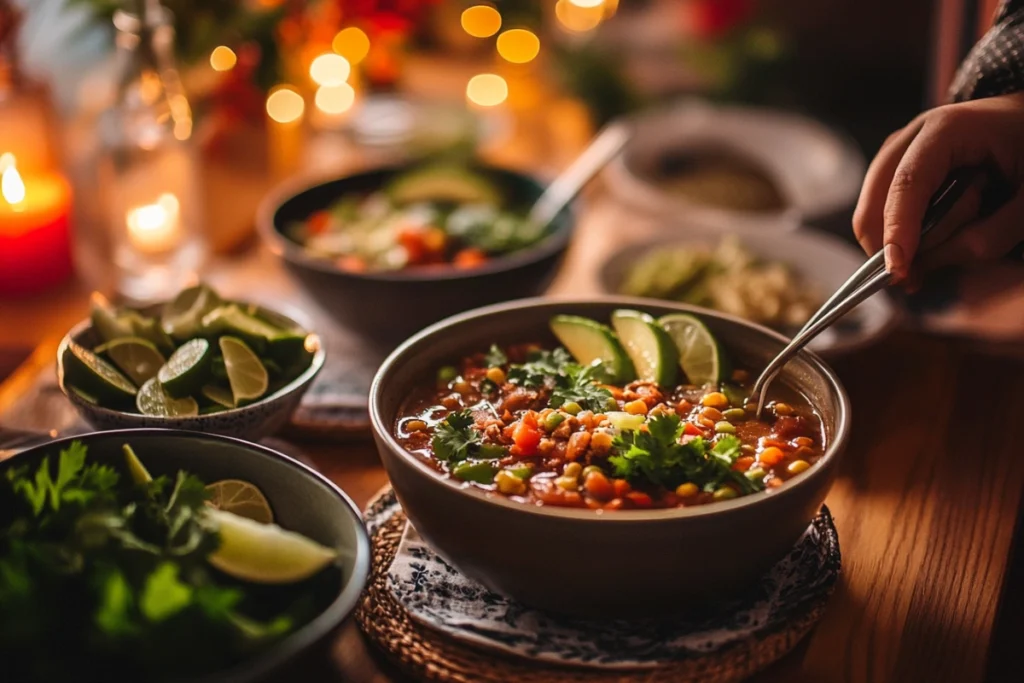 A dinner table with bowls of homemade taco soup being served.